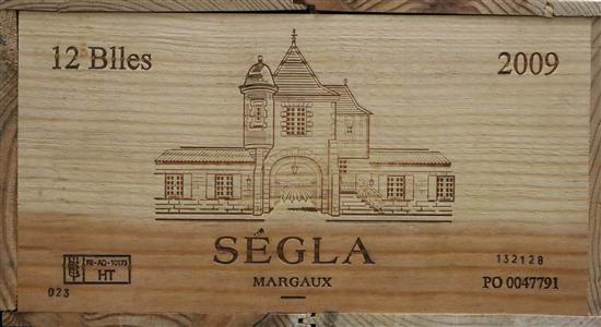 A case of twelve bottles of Chateau Segla, Margaux, 2009, in unopened wooden case.